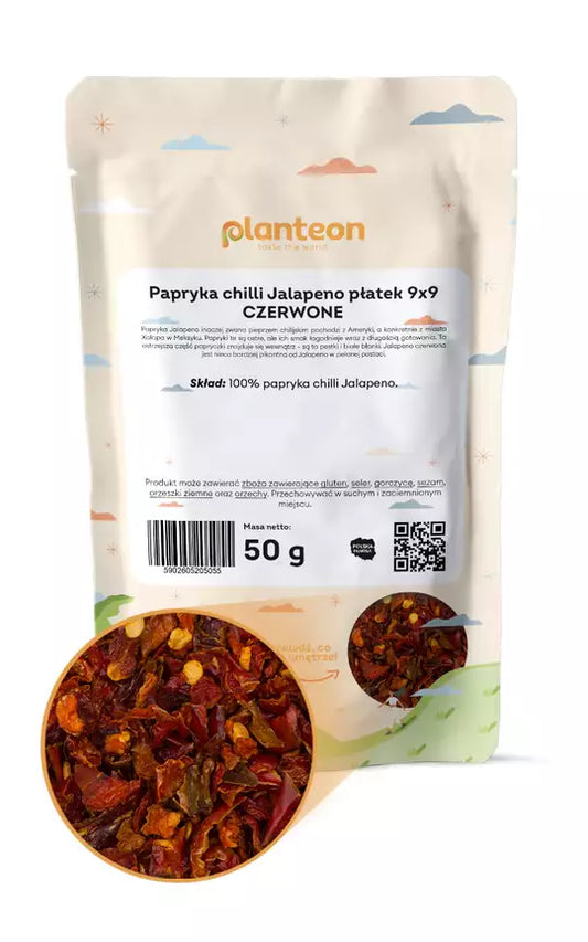 Papryka chilli Jalapeno płatek 9x9 CZERWONE. 50g